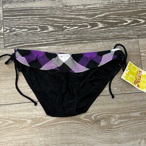 NWT Hobie Swimwear Bikini Bottom Sz S Black w Purple Plaid Ruffle